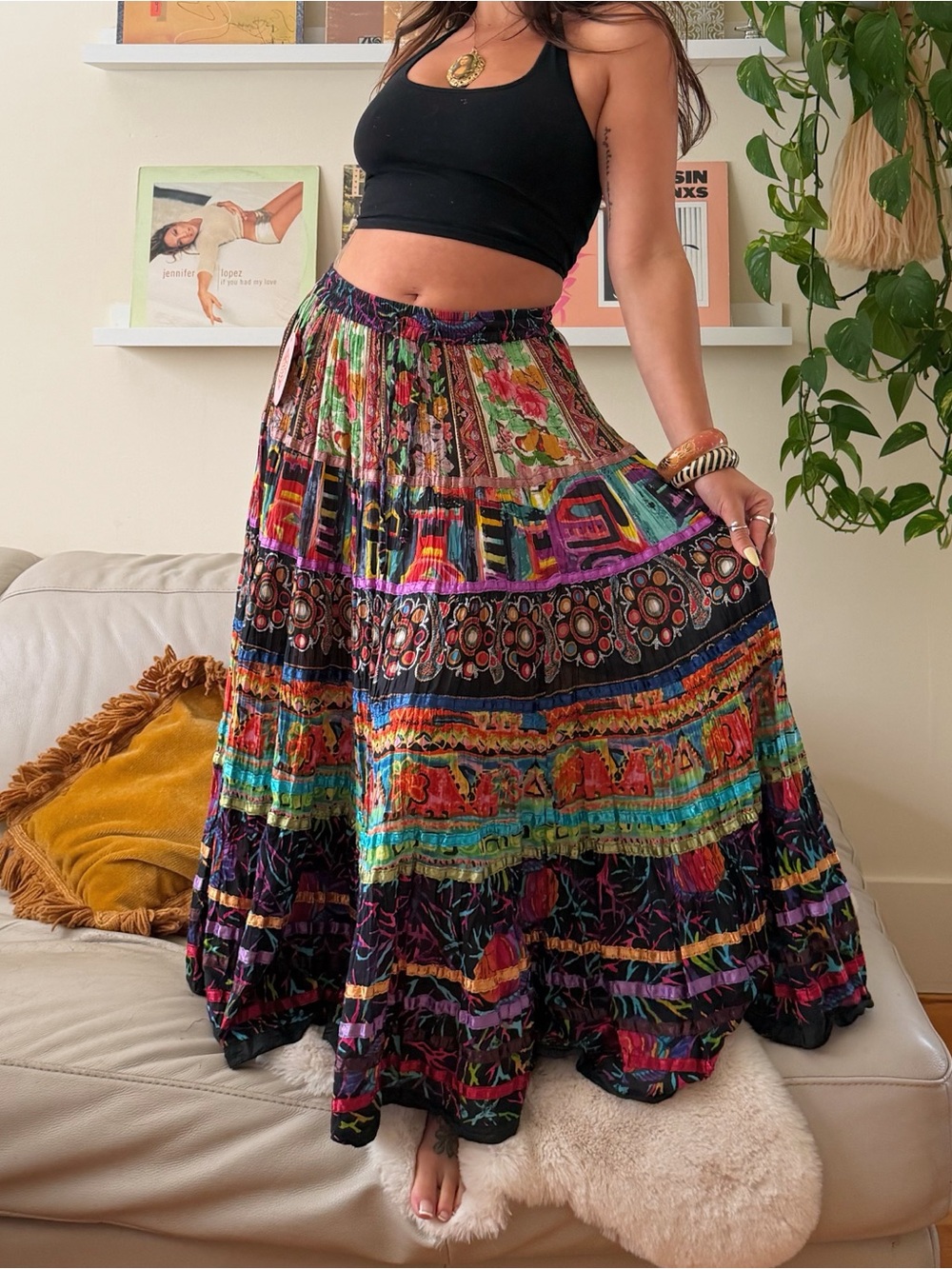 Vintage 1990s MAYAN ART USA Layered Patchwork Print Maxi Skirt